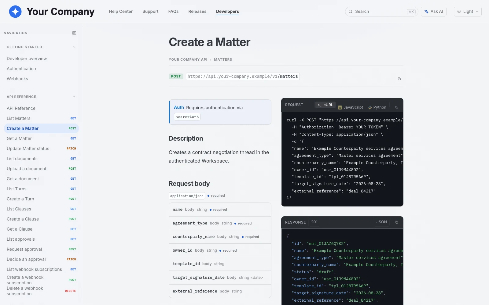 A polished interactive API reference for Your Company