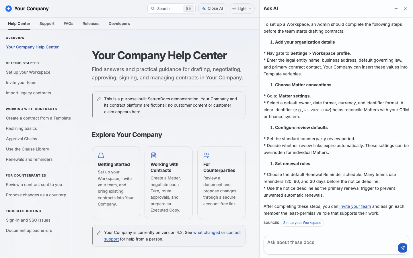 The Your Company AI assistant answering how to set up a Workspace and citing its source