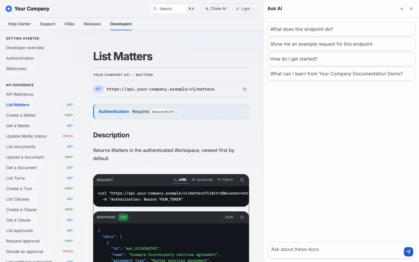 The Your Company interactive API reference showing the List Matters operation