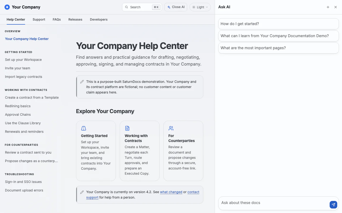 The Your Company documentation demo home page with navigation and the AI assistant